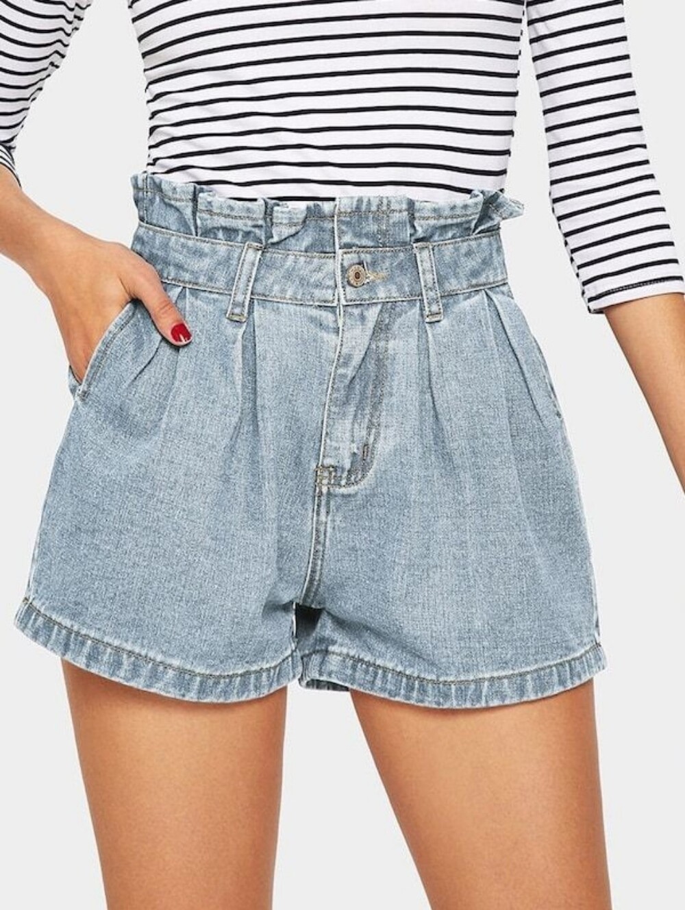 Shein High-Waist Paperbag Light Blue Denim Shorts